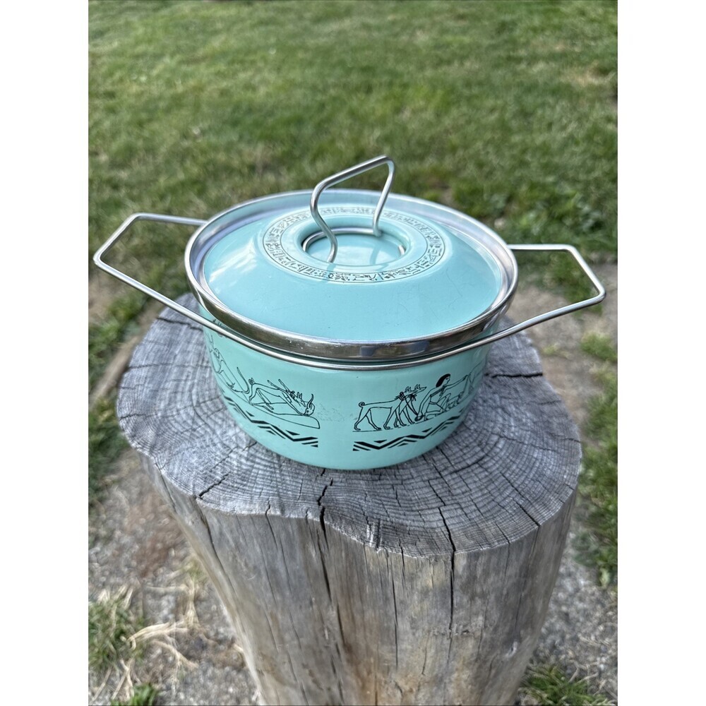 Vintage Depositata Siltal Italy Egyptian Revival Turquoise Enameled Steel Pot